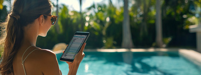 Mujer monitoreando las acciones junto a la piscina Mujer monitoreando las acciones junto a la piscina